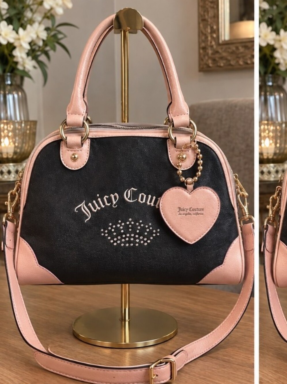 Juicy Couture Black and Pink Heart Charm Satchel